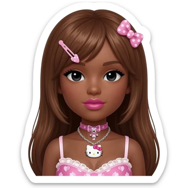 my melody hairclip, Doll faced shaped, hello kitty necklace, bimbo, black doll eyes, Big lips barbie, long dark brown skin with honey brown hair, bimbocore outfit sticker