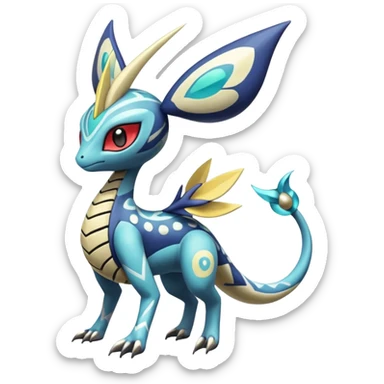 zig-zag-patterned tribal tropical hot spotted Meloetta-Dialga-Salamence-Giratina-Noibat-Pokémon-Fakémon-fusion-hybrid-creature sticker