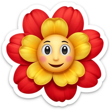 A flower with round yellow face with soft gradients, large glossy black cartoon eyes, and a simple curved smile. Surrounding bright red inflated petals with smooth shading and soft reflections. sticker