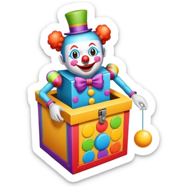 A "jack-in-the-box" is a children's toy consisting of a colorful box from which a clown with a spring for a body jumps out of the colorful box after spining the crank sticker