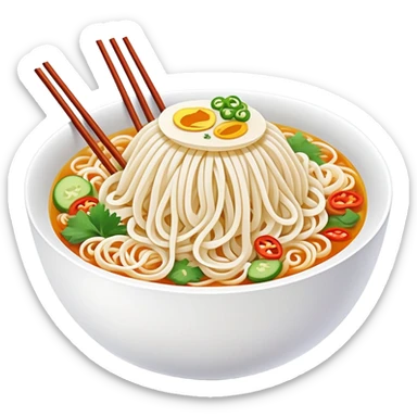 Guilin rice noodles with thin white strands and toppings, simplified emoji style with bold outlines and bright colors, cartoon style Guangxi famous Mi Fen sticker