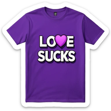 Vivid purple graphic tshirt with " love sucks"  bold white color typography print, with black color shadow behind typography print" no emoji icons, no human figures, must be 8k, 8000x8000px resolution. Must be smooth, clean appearance, isolated. sticker