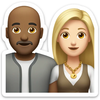 Brown bald man with chain hair and white woman long brown hair sticker