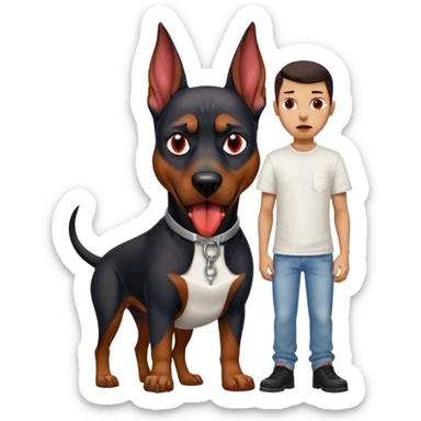 Generate a emoji of a big evil doberman dog with red eyes and a tongue sticking out, give the doberman a human body with a white shirt and baggy jeans sticker