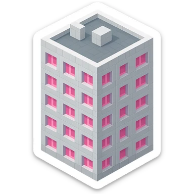 Russian panel apartment building, square block, light gray, pink windows, isometric view sticker