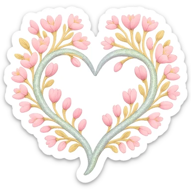 Replace the shimmer effect with a rainbow shimmer on the gold and silver details of the heart entwined with sakura branches in the style of apple emojis, no background. sticker