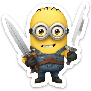 Minion wearing a shirt saying never goon and he’s holding a sword sticker