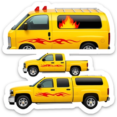 Yellow Chevrolet C-2500 Crew Cab with movie-accurate red flame vinyl graphic on the hood, exactly like the Kill Bill 'Pussy Wagon', 30-degree view, iOS emoji style sticker