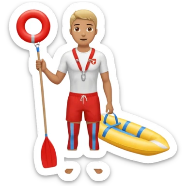 Male lifeguard – red shorts, whistle around neck, holding rescue float, full body sticker