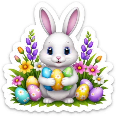 Easter bunny with easter eggs and spring flowers  sticker