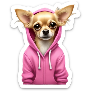 homeless dirty long haired blonde chihuahua in a huge pink hoodie sticker