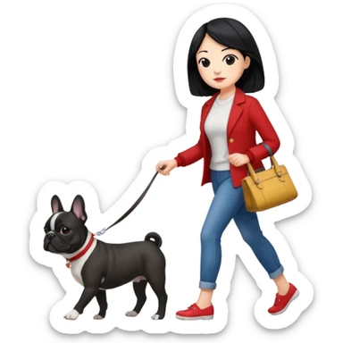 Mujer de pelo negro paseando un bulldog francés  sticker