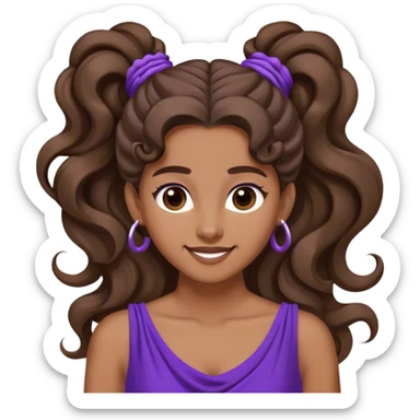 Young woman with long brown hair tied in a high voluminous ponytail, with a single curl falling over her forehead. Her hair is wavy at the ends. She wears a flowing purple dress inspired by ancient Greece and has a mischievous smile sticker