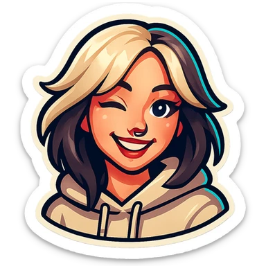 Create a character in the style of classic Telegram stickers: an alt girl as in the reference, smiling and winking, with clean outlines and bright colors, no background. sticker