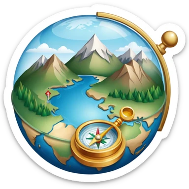 An icon featuring a globe, a compass, and a topographic map, symbolizing geography. The design includes mountain ranges, rivers, and a magnifying glass, representing the study of Earth's landscapes, features, and spatial relationships. Transparent background highlights geographic exploration. sticker