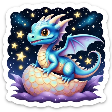 Airbrush painted image of a dragon hatchling under a deep galactic sky with pearlescent scales and wings spread against the stars sticker