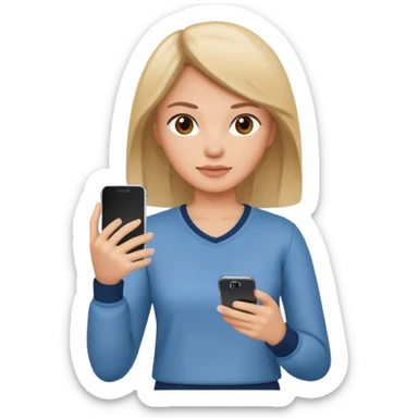 woman casual clothes holding one phone sticker