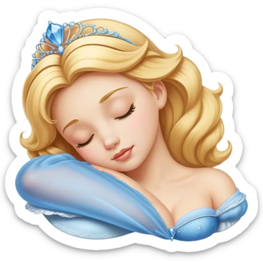 Cinematic Realistic Sleeping Cinderella Portrait, portrayed with exceptional realism: her luminous porcelain skin and exquisitely detailed golden-blonde hair lie softly under the gentle caress of natural light. Her eyes are peacefully closed in a serene, dreamlike slumber, and every fold and shimmer of her iconic ball gown is rendered with painstaking detail. The overall composition radiates a quiet, enchanting glow that encapsulates the timeless, restful beauty of a princess lost in a gentle, magical dream. sticker