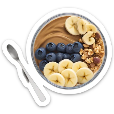 Açai bowl in a clear cup with layers of peanut butter, cashew nuts, granola, condensed milk and banana sliced and blueberrys on top sticker