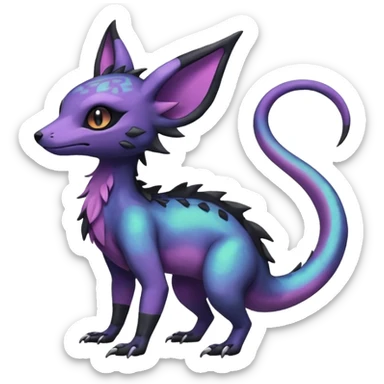 Rare epic aesthetic iridescent spooky gloomy colorful Salandit-Noibat-Eevee-Genet-species-Fakemon-hybrid-creature, with markings, full body sticker
