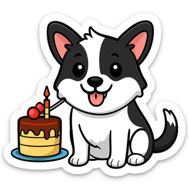 Change the dog's fur color to black and white while preserving the sticker style look. Remove the background. sticker