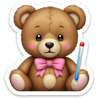 Teddy bear with thermometer in mouth with a pink bow sticker