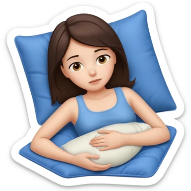  a brunette girl lying down on her side, holding a warm heating pad against her lower belly, she’s having bellyache sticker