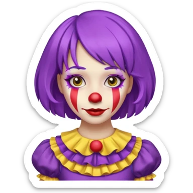 Clown girl with the human style. Has a purple wig, simple makeup, and a yellow dress sticker