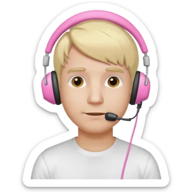 guy with blonde hair, white shirt and pink headset sticker