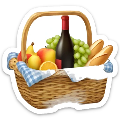 picnic basket with fruit, baguette, wine inside sticker