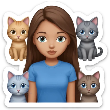 a pretty bratz dusky light skin girl with long brown hair, blue eyes with six cats nd wearing a grey tshirt sticker