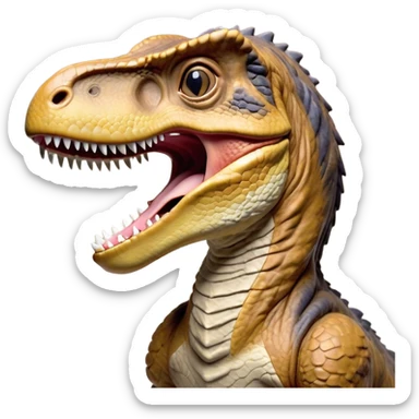 Cinematic Realistic Cute Yawning velociraptor/T-rex Portrait Emoji, Head tilted slightly with a dramatic, wide-open yawn, showcasing a massive, rugged scaled hide with subtly drooping features and half-closed, drowsy eyes rendered in authentic prehistoric detail, high shine, relaxed yet expressive, styled with a dash of ancient charm, soft glowing outline, capturing the essence of a sleepy yet affectionate velociraptor/T-rex that appears ready to stretch out and settle into a timeless nap! sticker