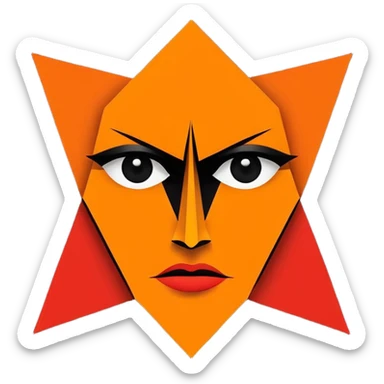 Flat vector logo icon, abstract evil face symbol.
Geometric and minimal design.

Face split vertically by a thin straight black line.
Left side solid red, right side solid orange.

Only eyes and mouth visible.
No nose, no facial lines, no cheeks, no anatomy.







 sticker