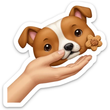 trainer hand holding a treat in front of a dog sticker