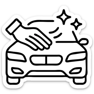 outlined icon of a gloved hand wearing a black glove on the hood of a luxury car, drops or sparkles, black as main color, white or silver accents, soft motion lines for cleaning, minimal and modern sticker