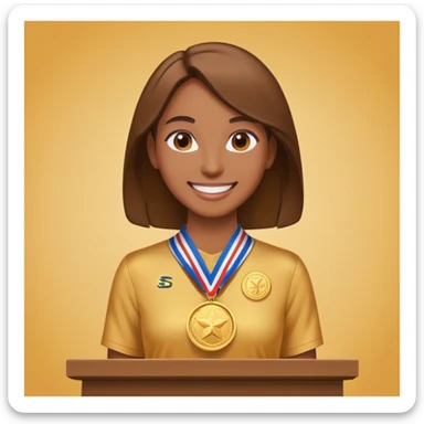woman standing in a podium first place sticker