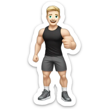 Joyful Celebrating victory Pale skinned Fit Man With the biceps and dark brown hair in black shirt, gray sports shorts and white Sneakers sticker