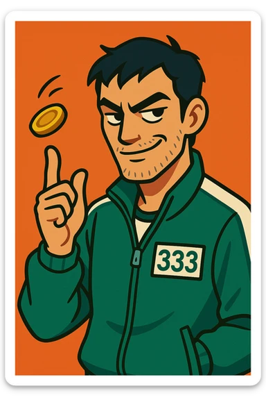 male character in a green Squid Game tracksuit with number 333, smirking, sharp black eyes, messy short black hair, slight stubble, flipping a coin, mysterious and strategic expression, vibrant toon style sticker