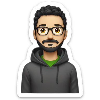 Young white man with black hair moustache and beard wearing a hoodie and glasses sticker