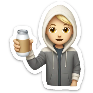  light hair, short hair, combover, hoodie, holding ferris the rust programming language mascot in left hand. holding milk carton in right hand sticker
