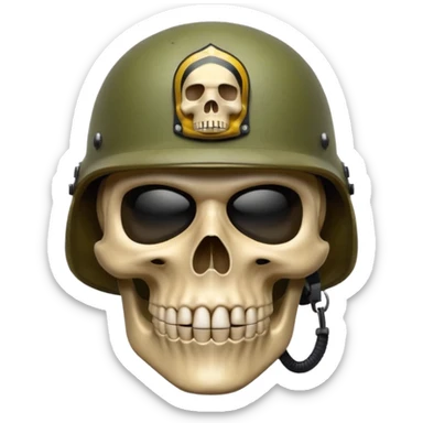 A bold emoji-style skull wearing a realistic army helmet,shushing . Clean vector style, high contrast, centered composition, modern emoji aesthetic, detailed helmet texture, confident and intense expression, 3D glossy finish, high resolution , no body , finger shuting is mouth sticker