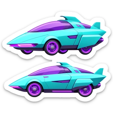 Futuristic retro hover car with sharp angular design and glowing purple wheels, flat vector style, minimal color palette with purple and teal accents sticker
