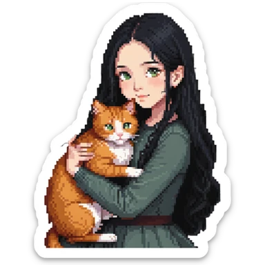 Beautiful girl with long black hair hugs a ginger cat sticker