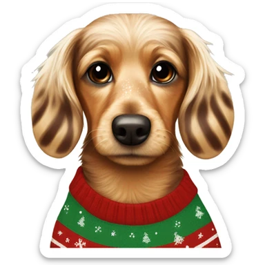 Speckled blonde and brown hairy dachsund wearing a stripy Christmas jumper sticker