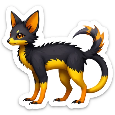 Rare realistic exotic edgy dark gothic gloomy spooky black and orange/yellow epic pretty beautiful handsome gorgeous aesthetic colorful vibrant Vernid-Trico-species-Fakemon-creature by LiLaiRa, 4 legs, 1 tail, random markings, (full body) sticker
