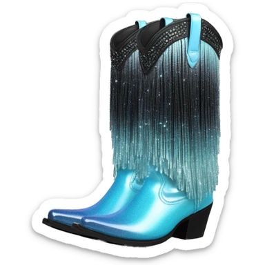 Realistic pastel blue to black ombre pair of fashion cowgirl boots with sparkly shiny glitter fringe on them. sticker