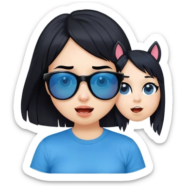 A girl with black bob hair with pony, wearing black sunglasses，funny(0.5) face (0.5)，wacky expression, a blue t-shirt. lovely. cute sticker