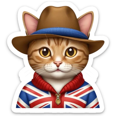 cat wearing union jack sweater and big cowboy hat sticker