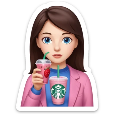 make an emoji of a brunette blue eye girl wearing light pink drinking a strawberry acai refresher from starbucks sticker
