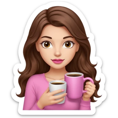 girl with long wavy brown hair, brown eyes, long lashes,sexy pink lips, light to medium complexion, pink sexy top, with a coffee mug sticker